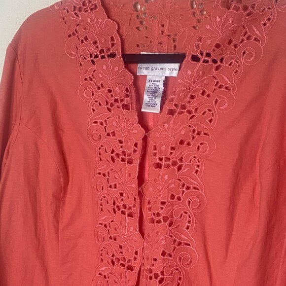 Susan Graver Linen Blend Top X-Large Coral Floral Embroidery Long Sleeves - Picture 5 of 9